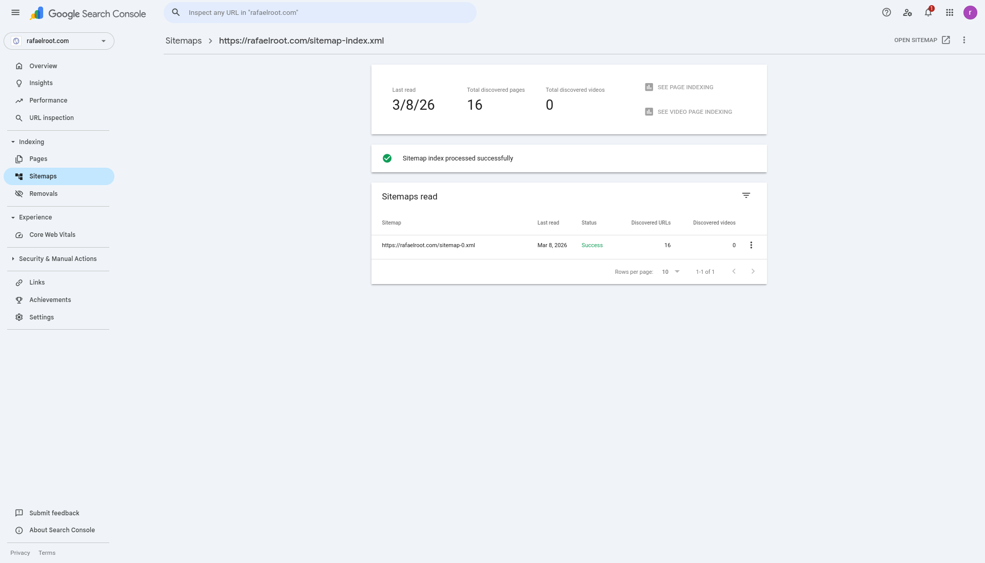 Google Search Console — sitemap submetido com sucesso em 08/03/2026, 16 URLs descobertas