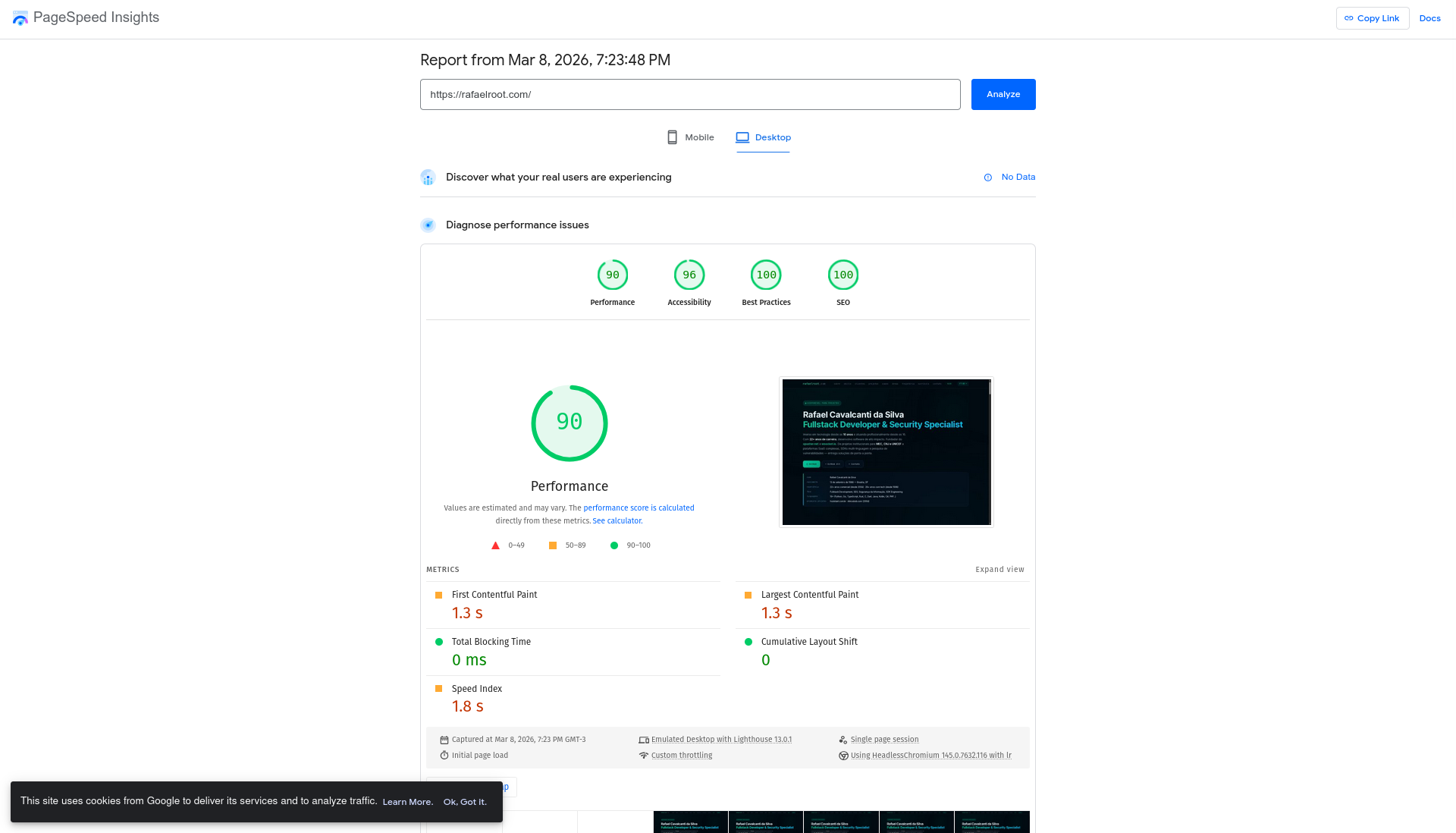 PageSpeed Insights — Performance 90, Accessibility 96, Best Practices 100, SEO 100