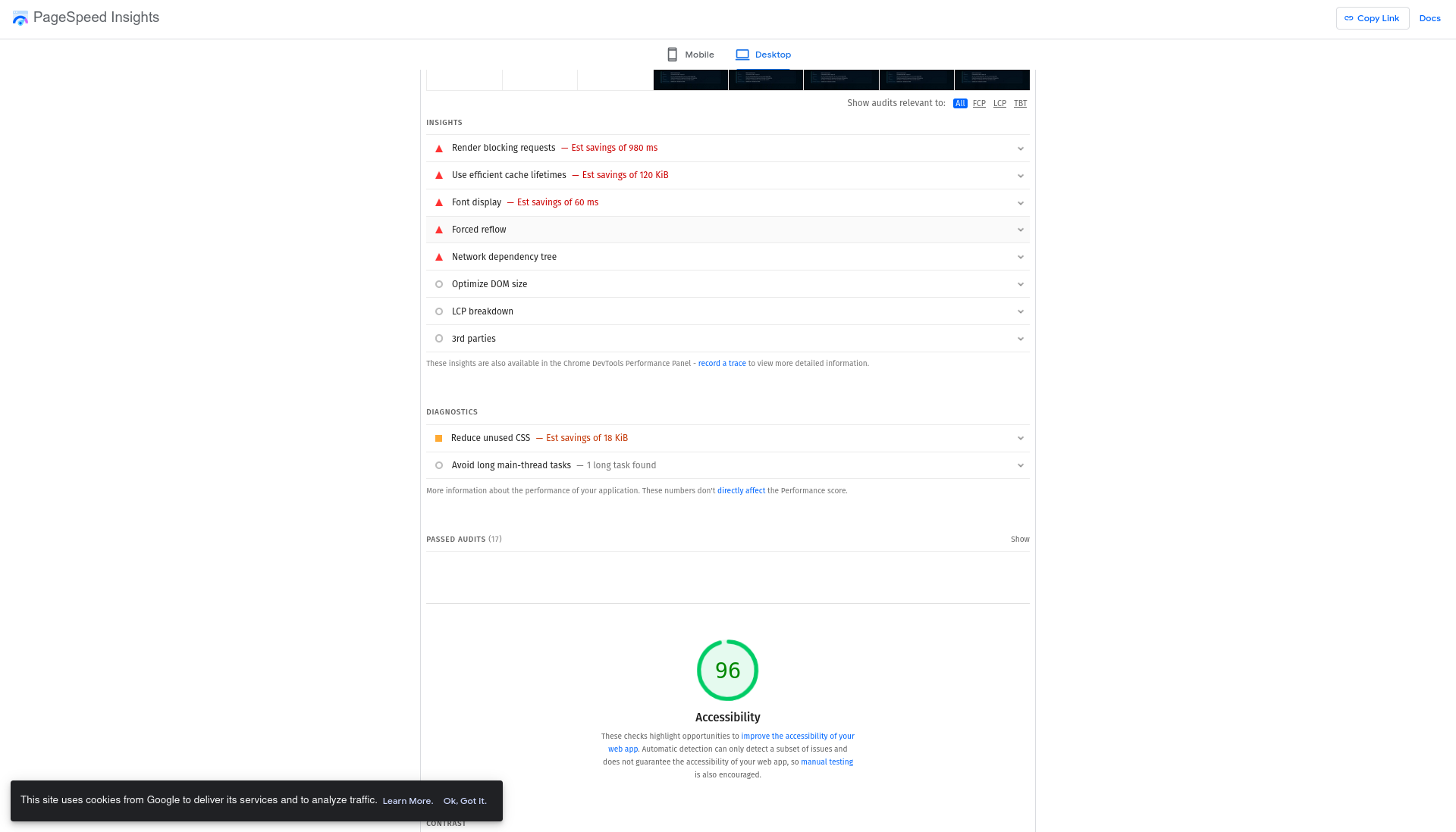 PageSpeed diagnósticos — render blocking, cache, font display, unused CSS