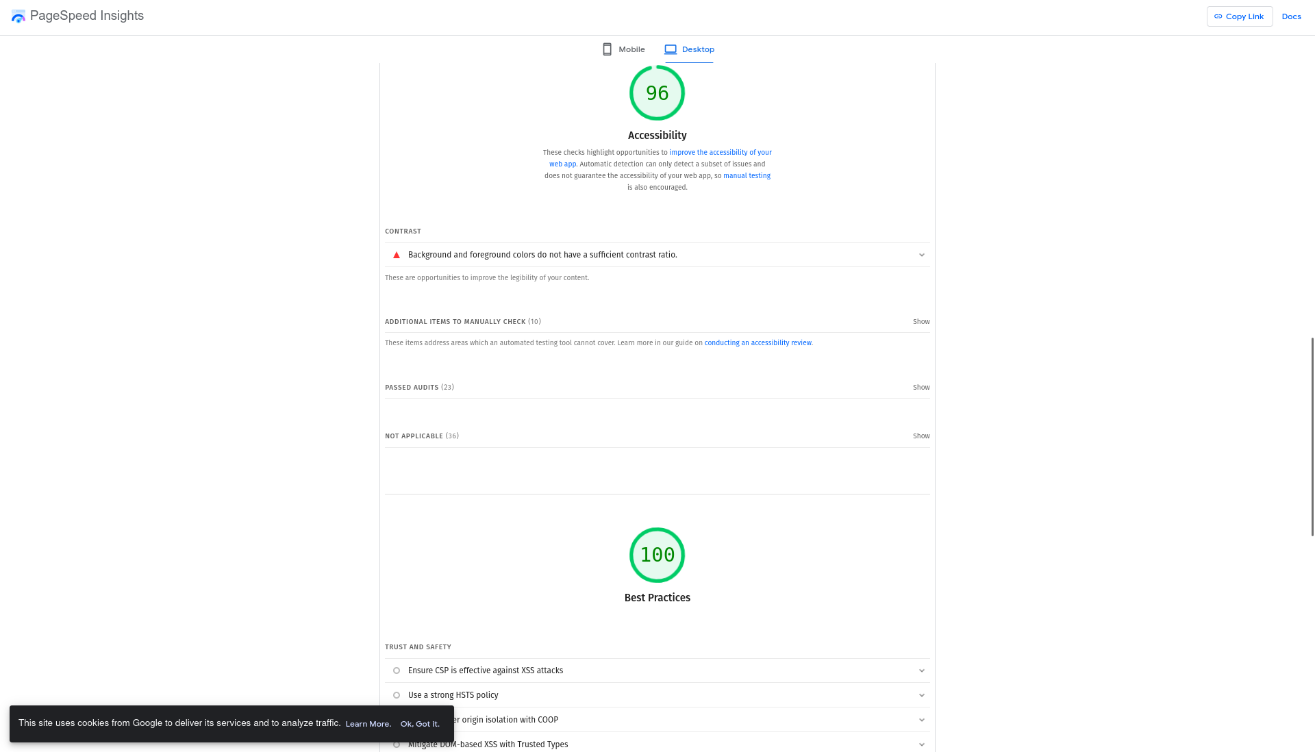 PageSpeed — Best Practices 100, SEO 100, 17 auditorias aprovadas